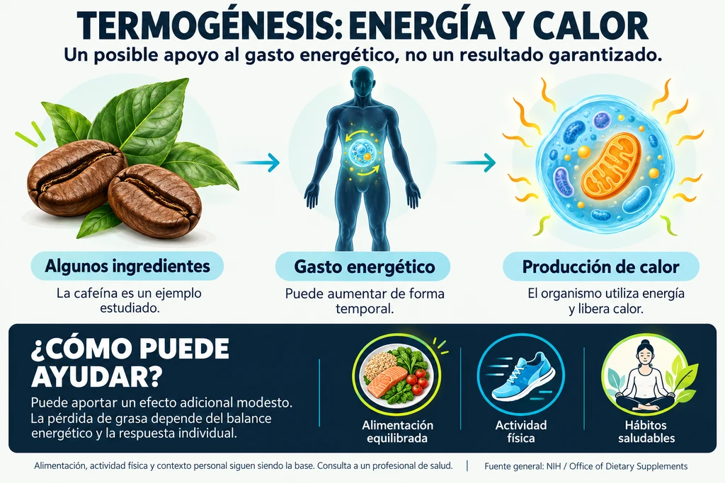 Termogénesis general: algunos ingredientes, como la cafeína, pueden aumentar temporalmente el gasto energético y la producción de calor. El posible efecto es modesto y depende del contexto individual.
